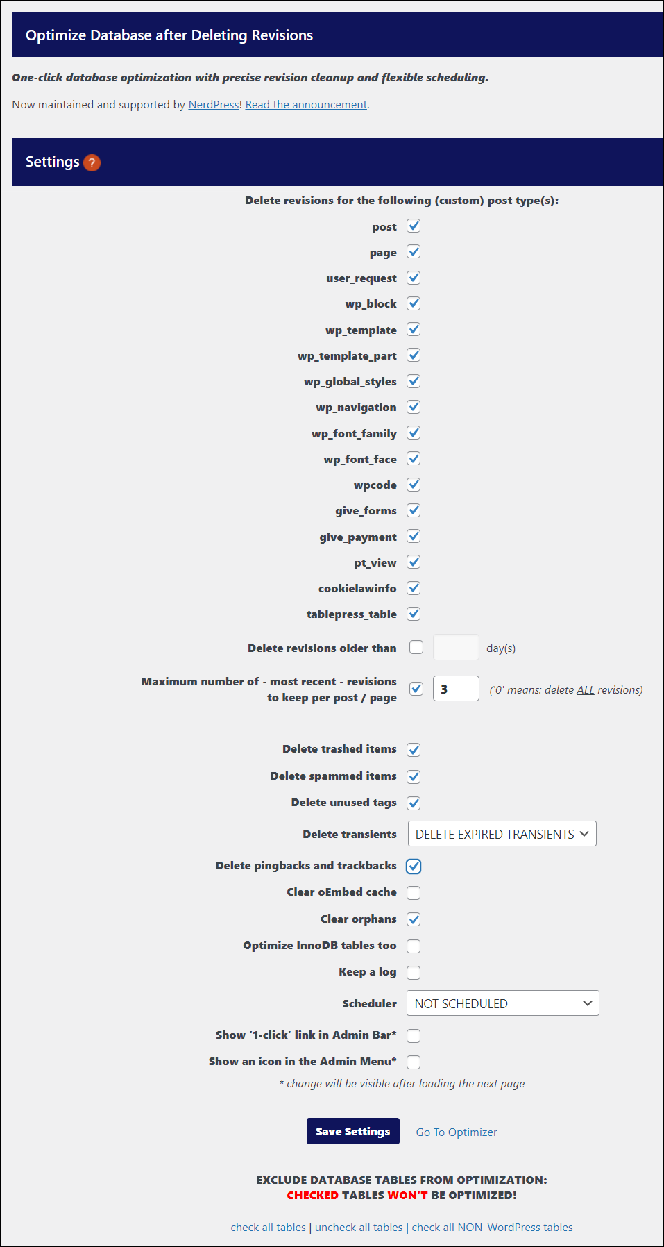 Optimize Database After Deleting Revisions WordPress Plugin - Settings screen