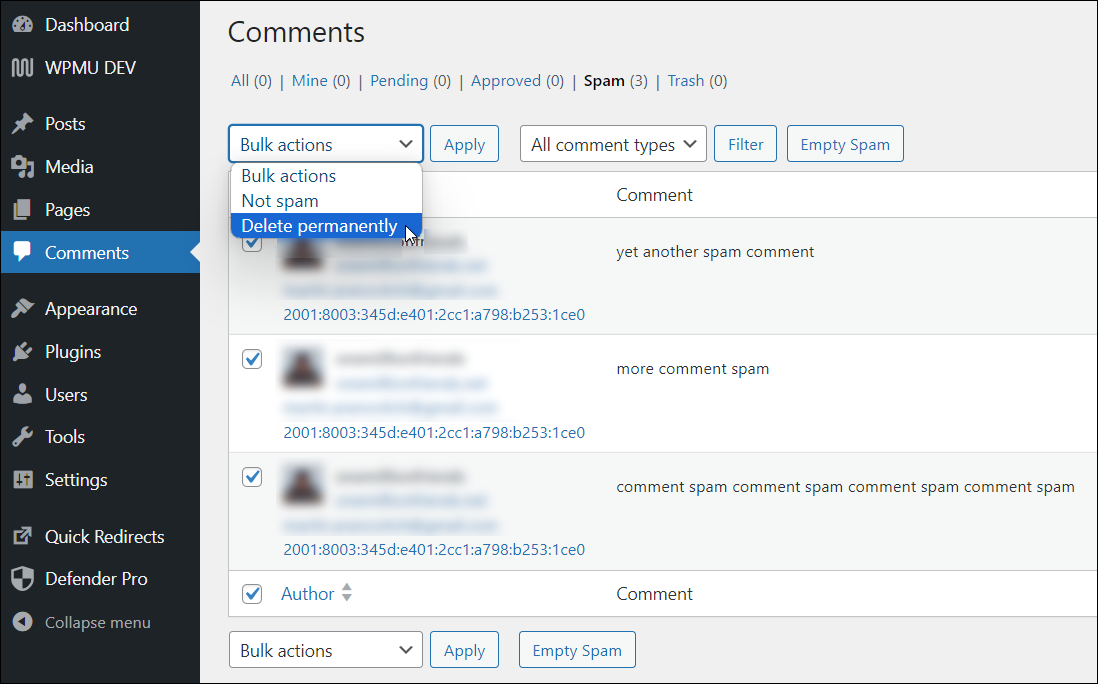 Comments screen with various comments selected and about to be permanently deleted.