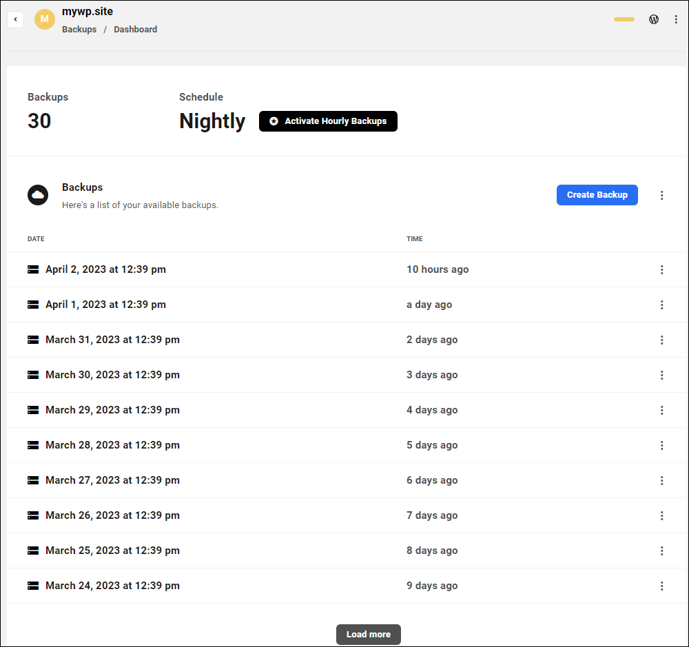 WPMU DEV: The Hub - Backups dashboard.