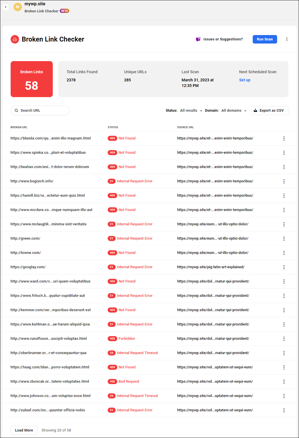 WPMU DEV: The Hub - Broken Link Checker dashboard.