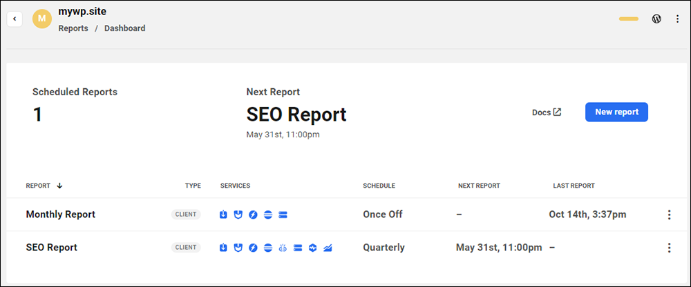 WPMU DEV: The Hub - Reports dashboard.