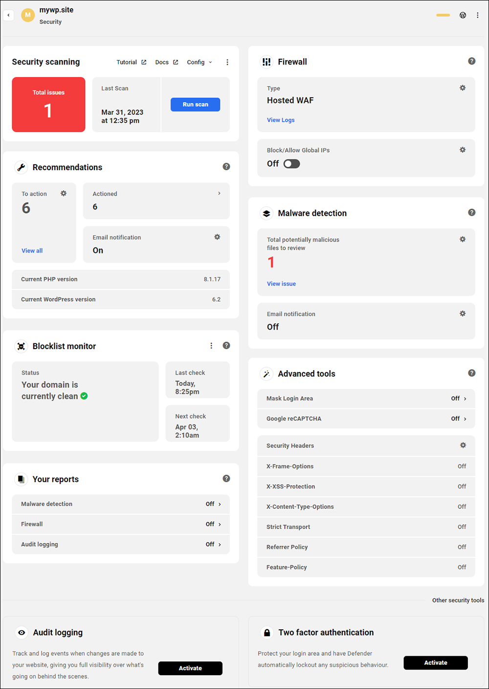 WPMU DEV: The Hub - Security dashboard.