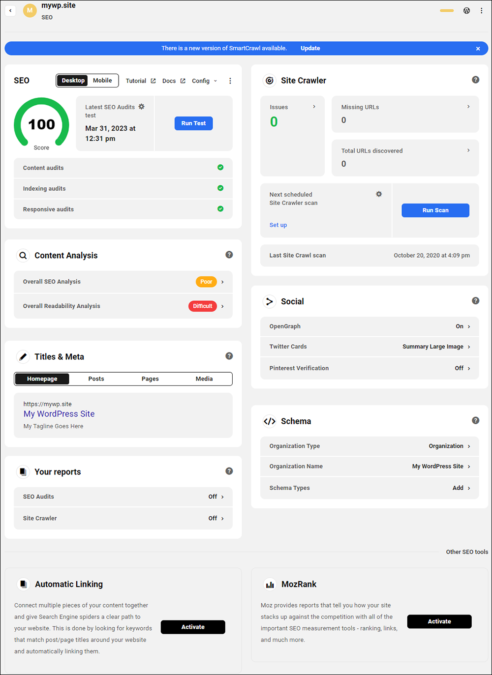 WPMU DEV: The Hub - SEO dashboard.