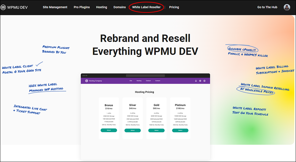 WPMU DEV: The Hub - White Label Reseller screen.