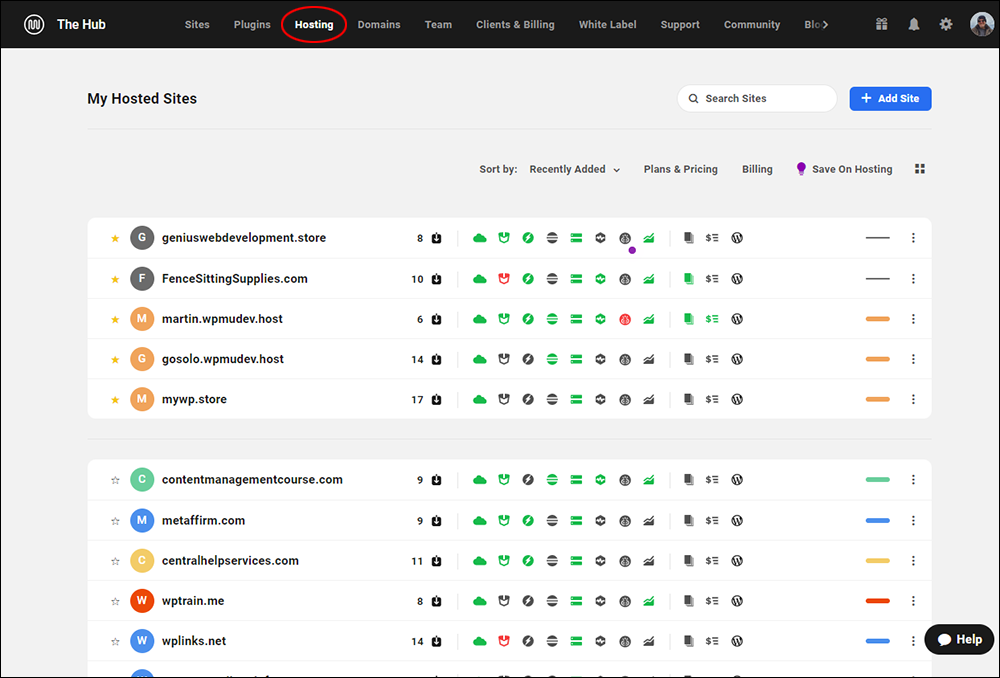 WPMU DEV: The Hub - Hosting screen.