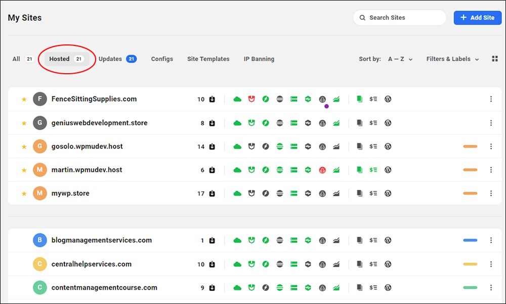 WPMU DEV: The Hub - My Sites - Hosted screen